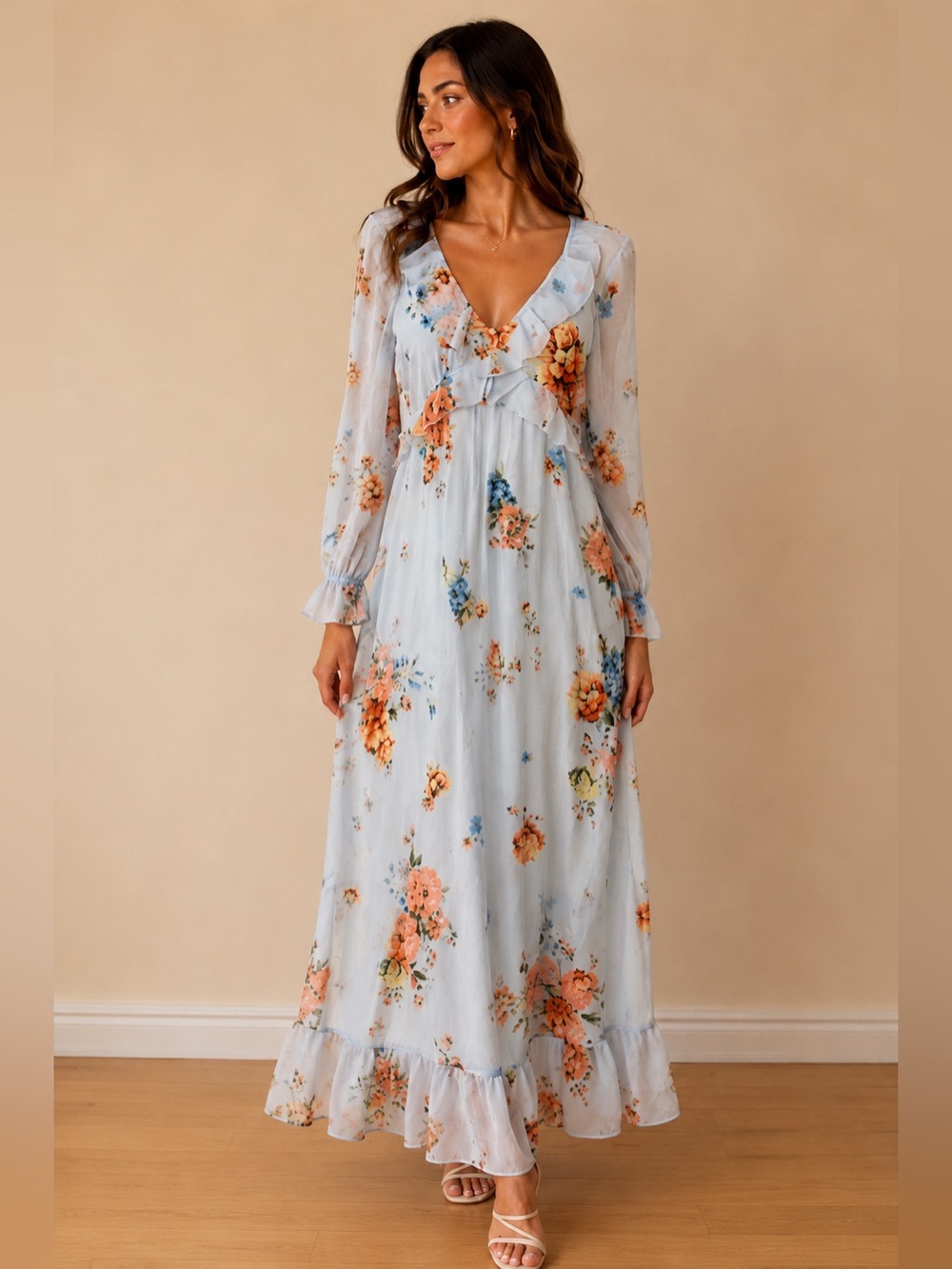 Patrons of Peace Blue Floral Ruffle Maxi Dress M